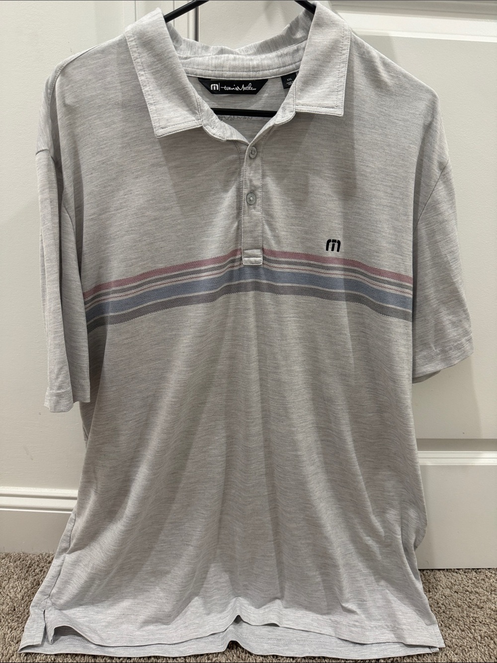 Travis Mathew Light Gray Polo with Blue and Pink Stripes